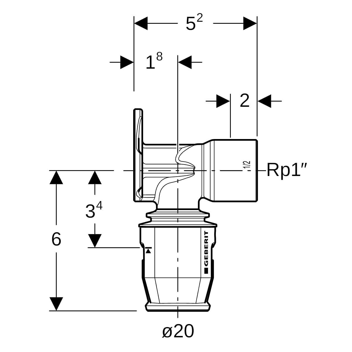Geberit PushFit Anschlusswinkel 90Gr Rg d20-Rp1/2 L:52mm