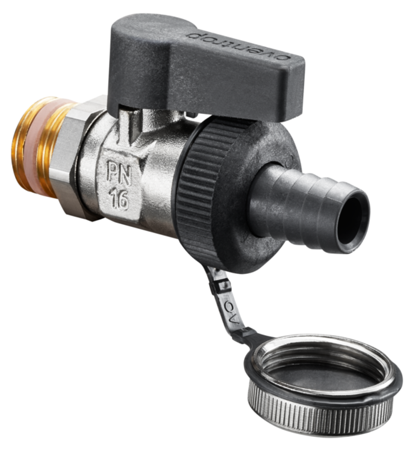 OVENTROP-Kugelhahn"Optiflex",DN10,3/8"AG mit Schlauchver.u.Verschlussk., Ms,vern.