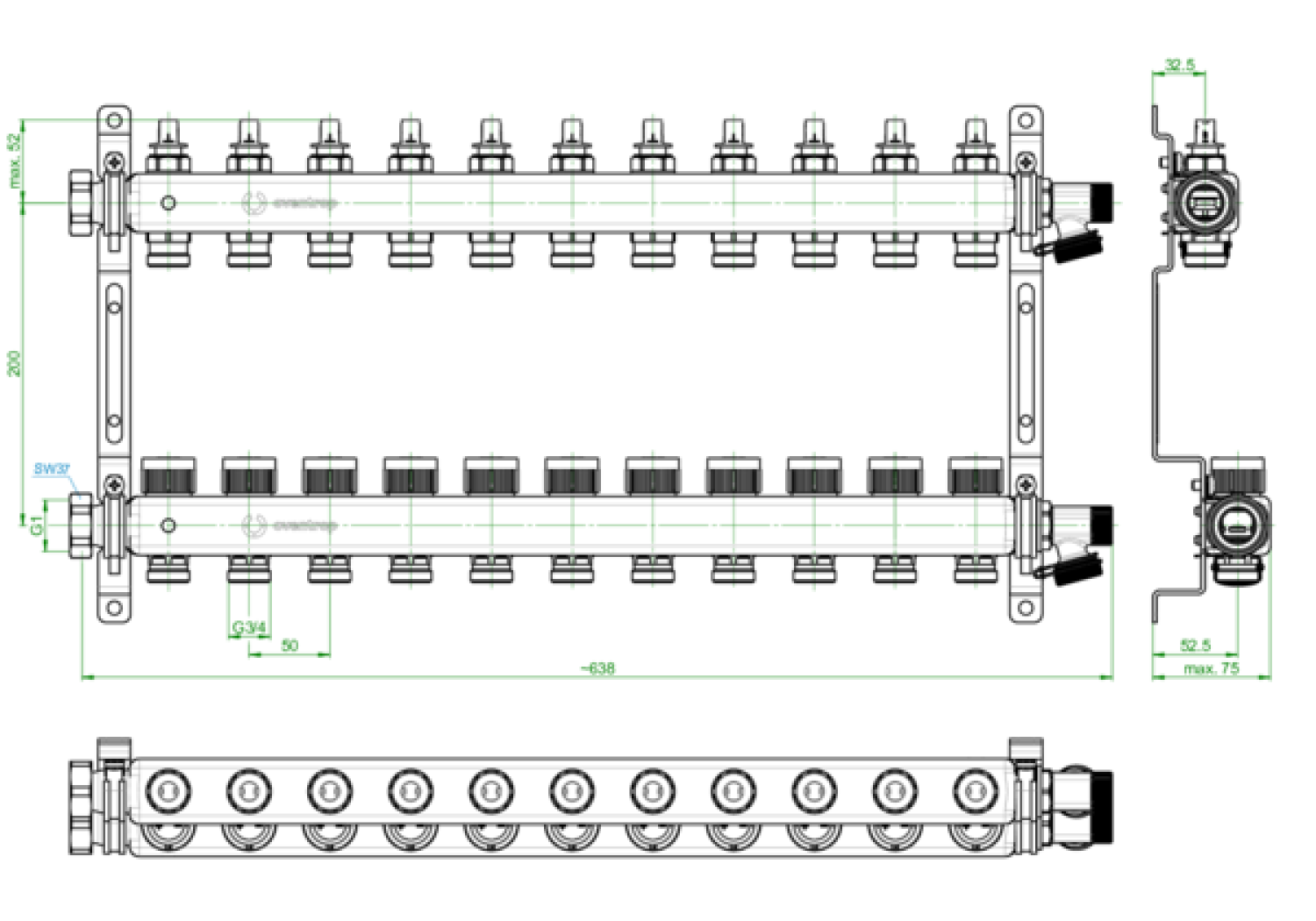 OVENTROP-Multidis SFQ Edelstahlverteiler mit Durchflussindikator 11 Kreise