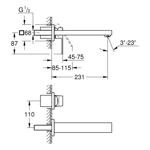 GROHE 2-Loch-WT-Wandbatterie Eurocube 23447 FMS hard graphite gebürstet