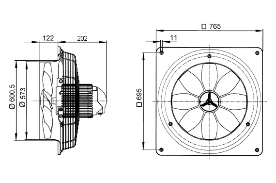 Maico Axial-Wandventilator DZQ 56/6 B quadrat. Wandplatte, Drehstrom, DN560