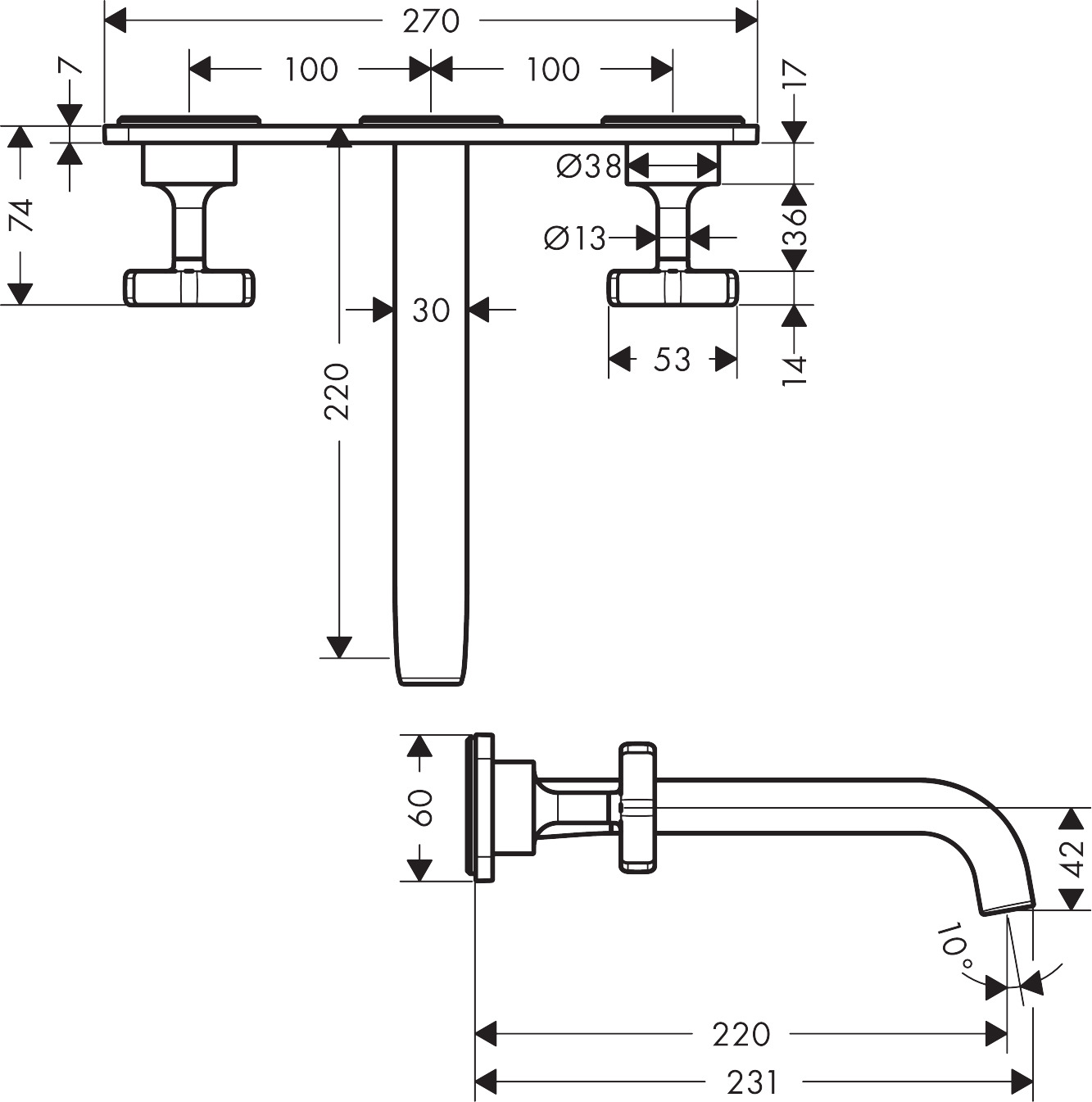 Hansgrohe 3-L.Waschtischarmatur Axor Citterio E Fertigset Wandmontage BBC mit Platte