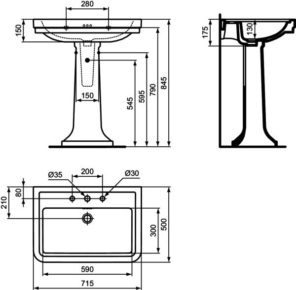 IS Waschtisch Calla 3 Hl. m.Ül. 715x500x175mm Weiß