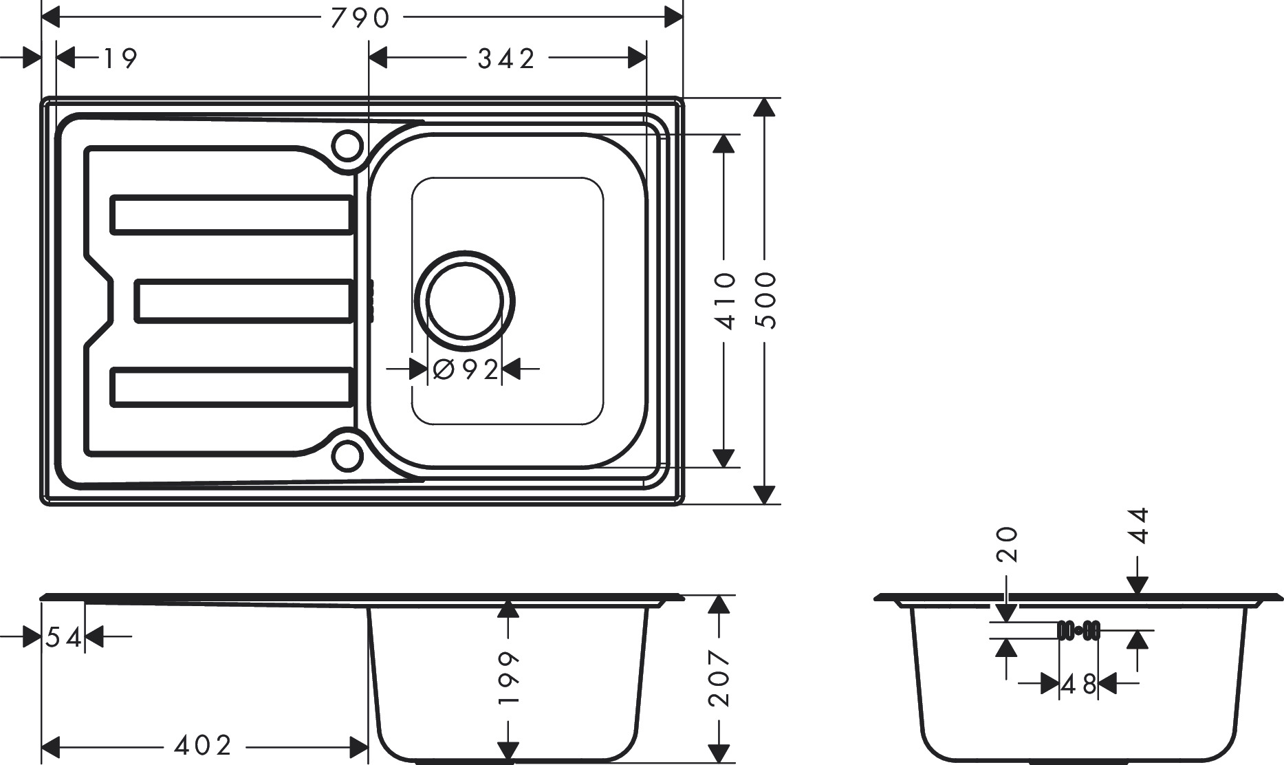 Hansgrohe Einbauspüle S440-A342 79 Abtropffl.  kurz autom.Ablaufgarnitur Edelstahl