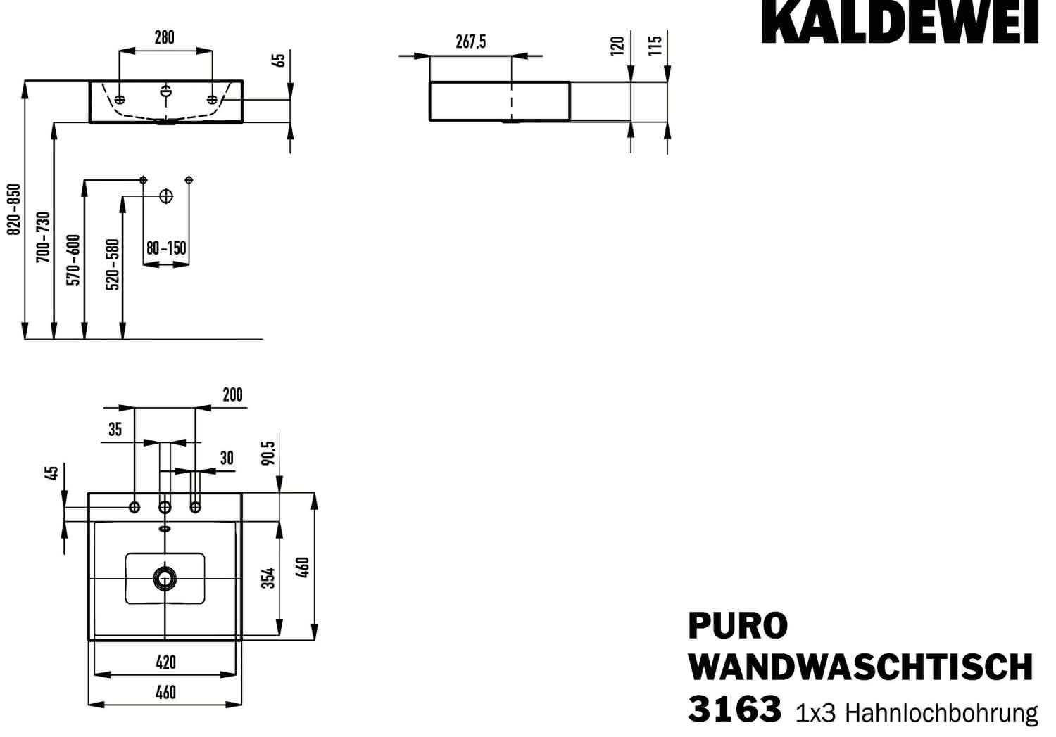 KA WB PURO WANDWASCHTISCH Mod.3163,460x 460mm,alpinweiß,PEFF,AD,m. 3HL,mÜL,chr