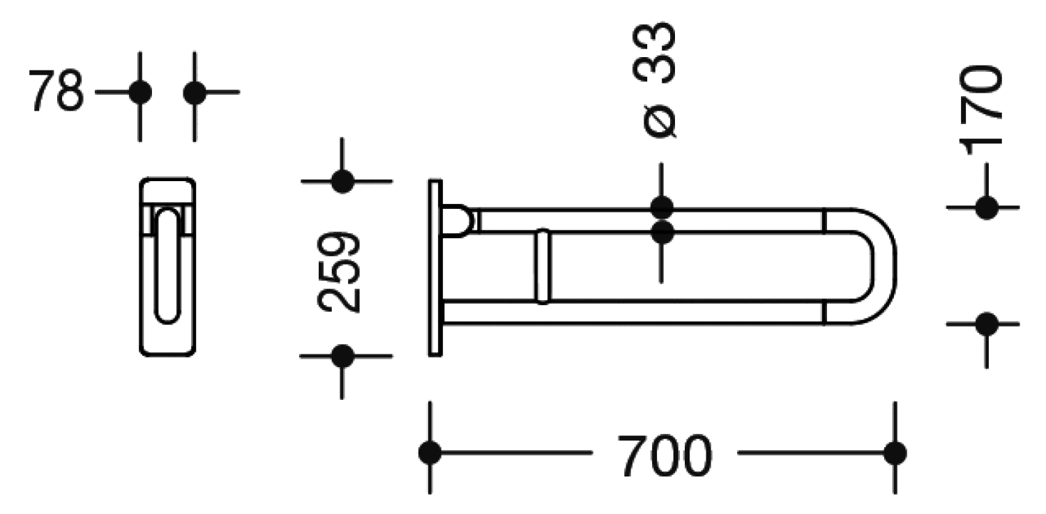 HEWI Stützklappgriff drehb. Ser 801, L:700mm, Aluminiumkern reinweiß