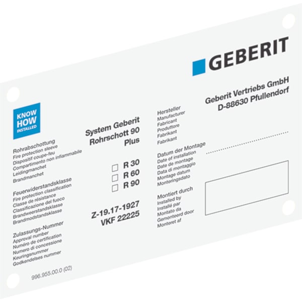 Geberit Hinweisschild zu Schachtschott Typ Quattro