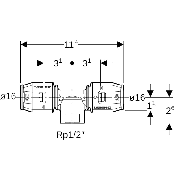 Geberit PushFit T-Stück mit IG Ms d16-Rp1/2-16