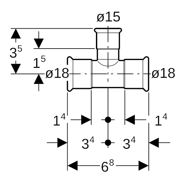 Geberit Mapress Kupfer T-Stück reduziert (Gas) d18-15-18
