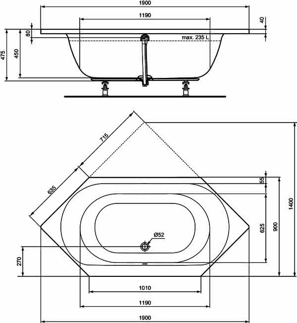 IS Sechseck-Badewanne Connect Air, 1900x900x475mm, Weiß