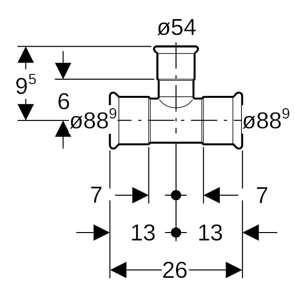 Geberit Mapress Edelstahl T-Stück reduziert (Gas) d88,9-54-88,9
