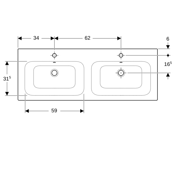Geberit Renova Plan Doppelmöbelwaschtisch 130x48cm, m. Hl., m. Ül., weiß