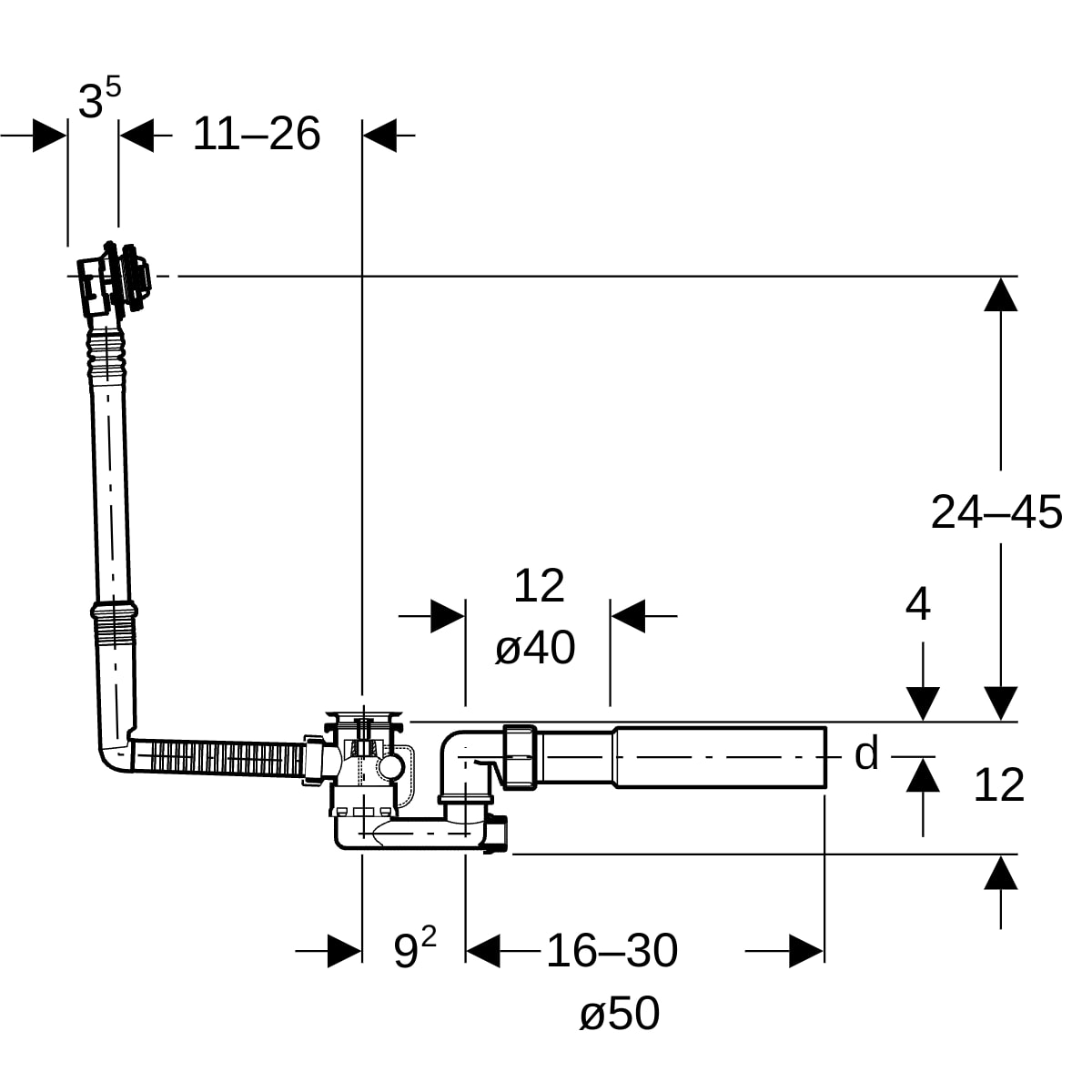 Geberit Badewannenablauf mit Ventilstopfen d52, mit Fertigbauset, DN40/50, chrg