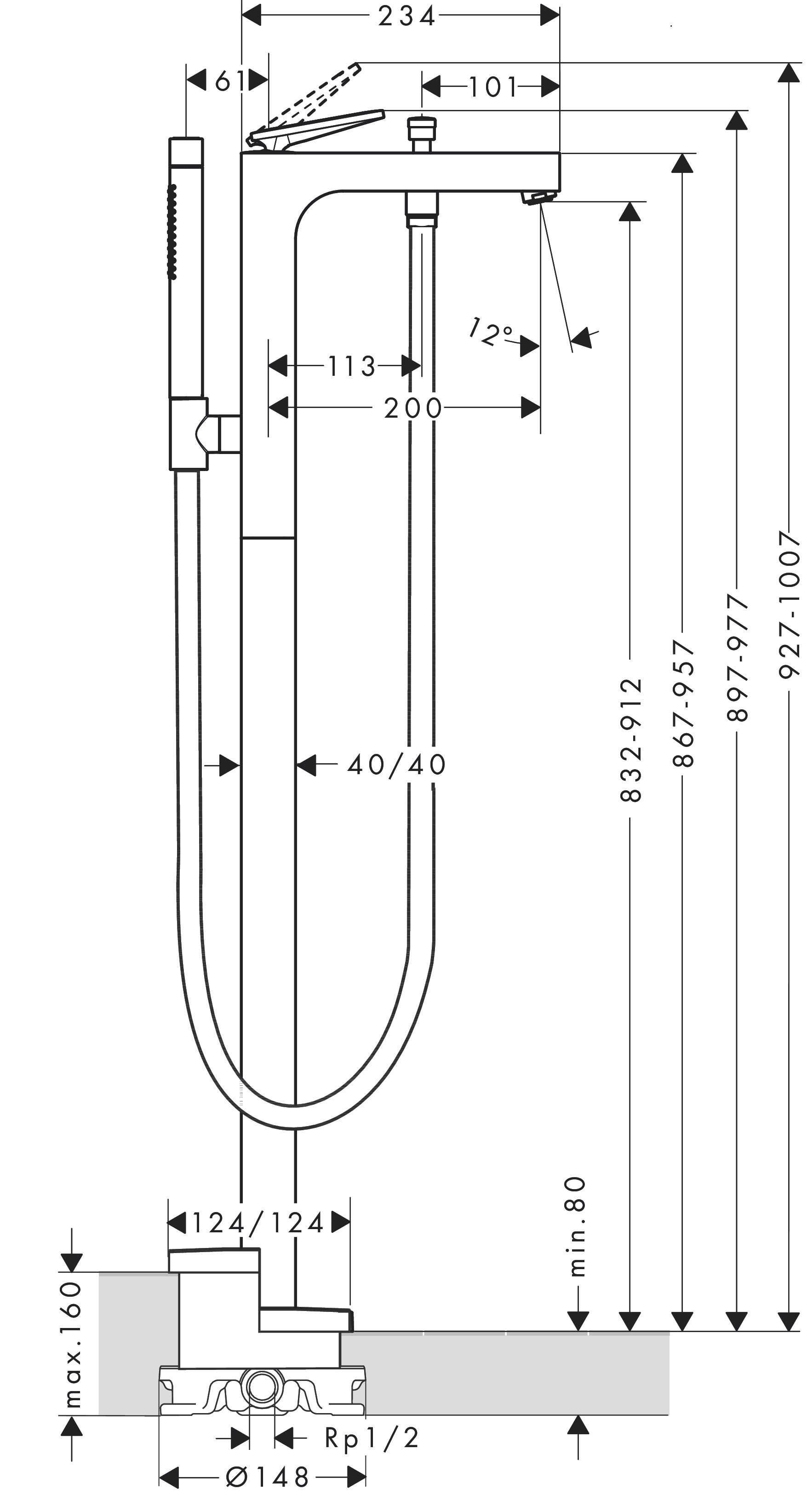 Hansgrohe Wannenmischer Axor Citterio Fertigset Bodenmont.m.Hebelgr.Rautenschliff chrom