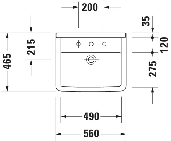 DU Einbauwaschtisch Starck 3 560 mm EB v.oben, m.ÜL, m.HLB, 1 HL, weiß