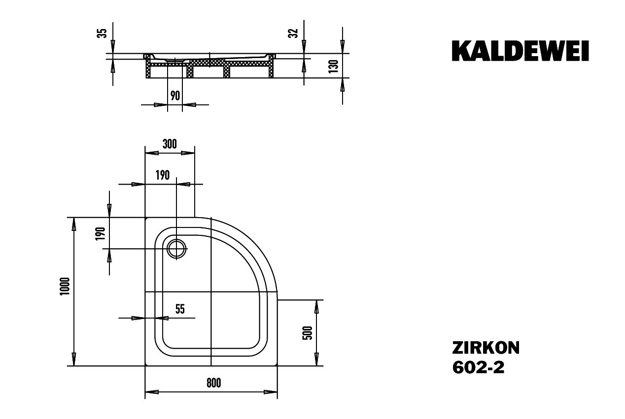 KA DW ZIRKON MIT WANNENTRÄGER Mod.602-2, 800x1000mm,alpinweiß,Antislip,m. WT