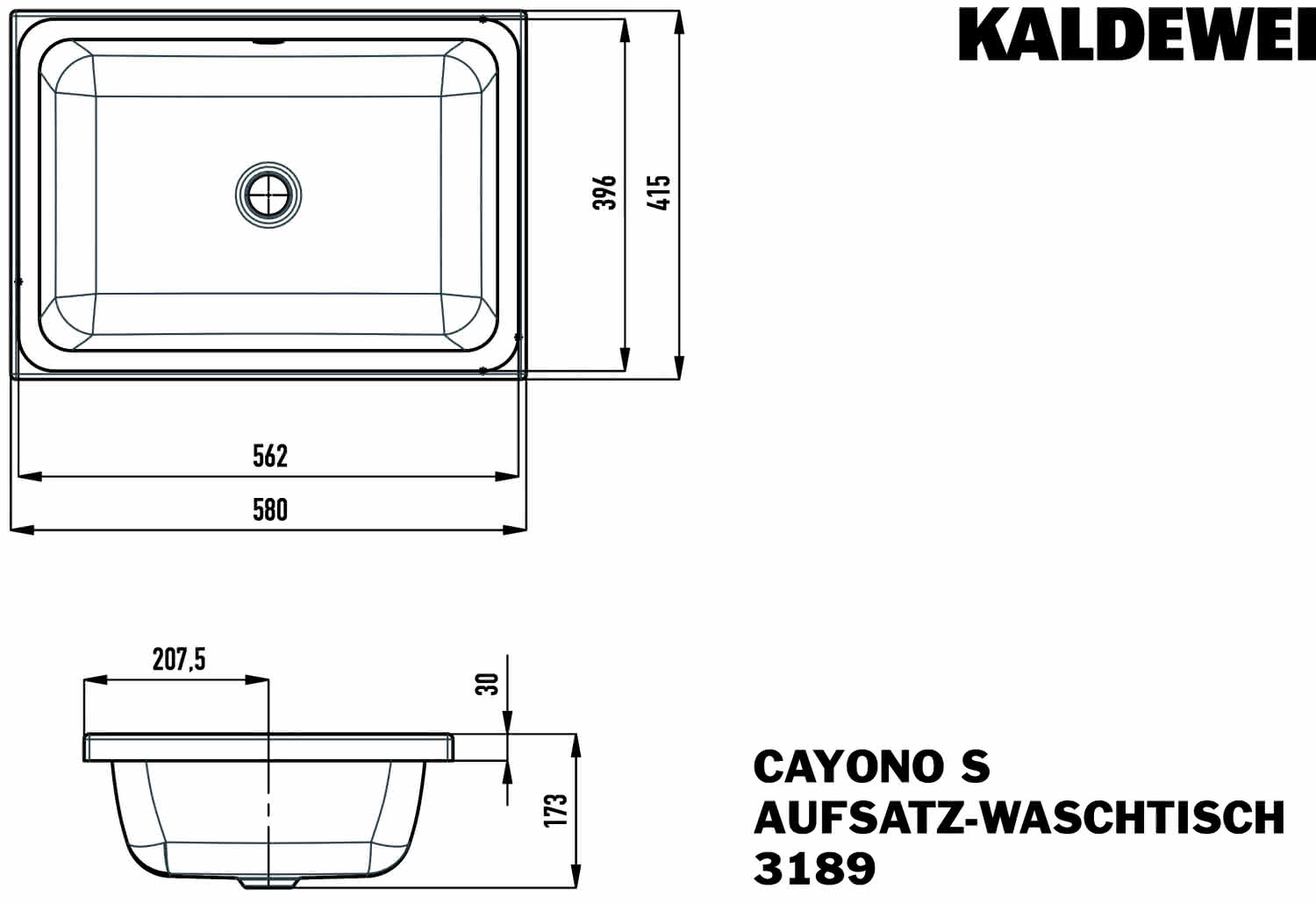 KA WB CAYONO S Aufsatzwaschtisch Mod. 3189,580x415mm,alpinweiß,AD,mÜL,chr
