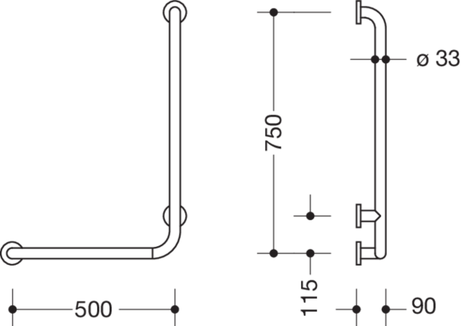 HEWI Winkelgriff Ser 805, Edelstahl, d:33mm, AM:750mm W:500mm links