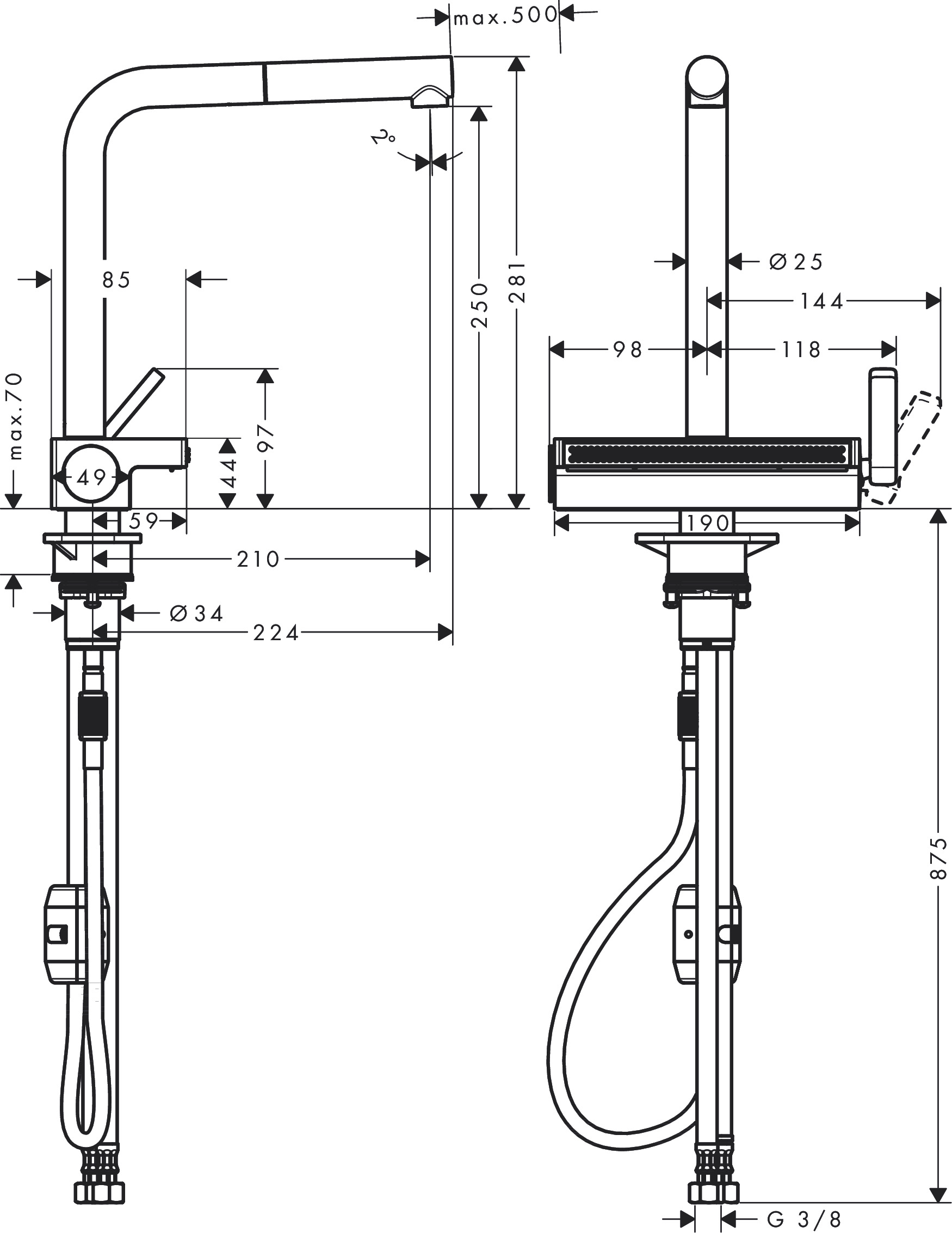 Hansgrohe Spültischmischer 250 Aquno Select M81 Ausziehauslauf 2jet chrom