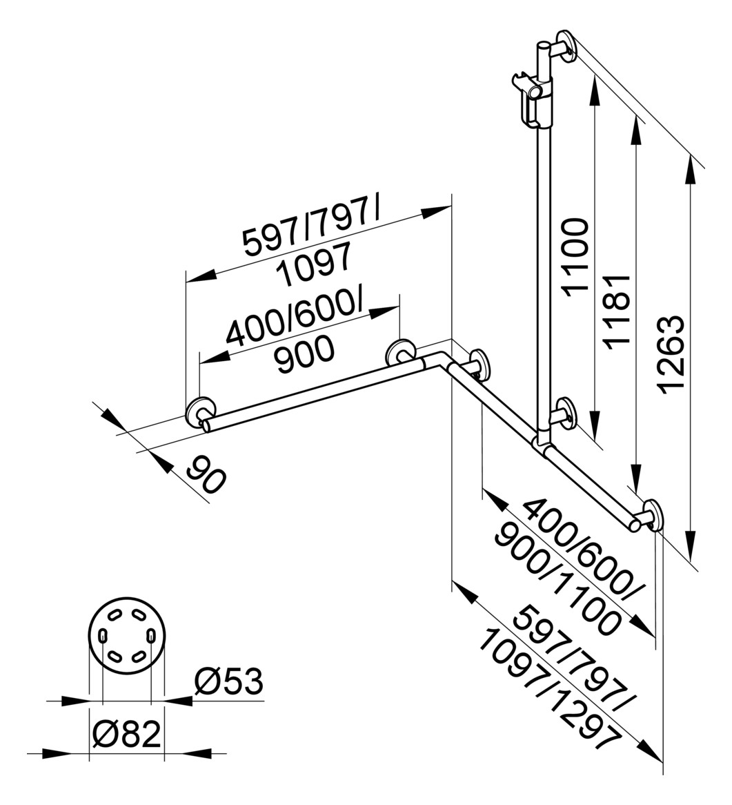 KEUCO Duschhandlauf Plan Care 34915 m.Br.stg. r. li. 597 797 1263mm si-elox.