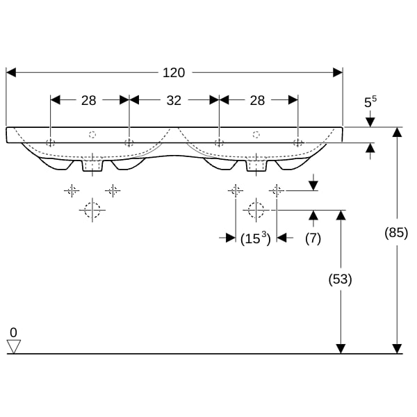Geberit iCon Light Doppelwaschtisch 120x48cm mit Hahnloch, mit Ül., weiß, KeraTect