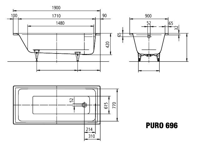 KA BW PURO Mod.696,1900x900mm,alpinweiß, Perl-Effekt,Antislip