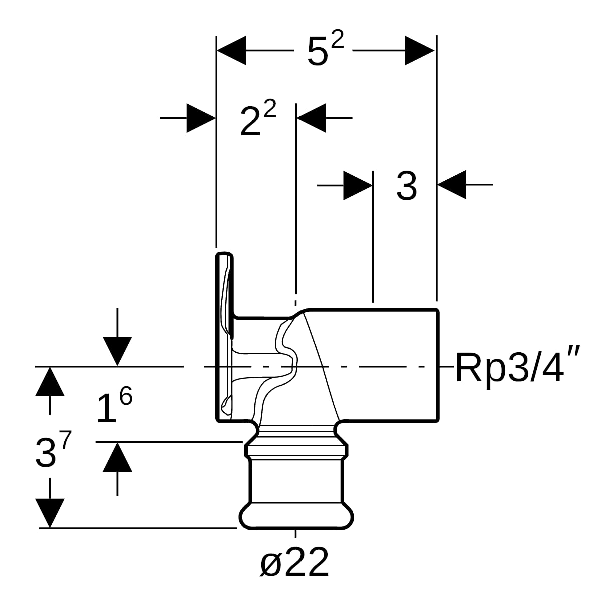 Geberit Mapress Kupfer Anschlusswinkel 90Gr Rg d22-Rp3/4 L:5,2cm