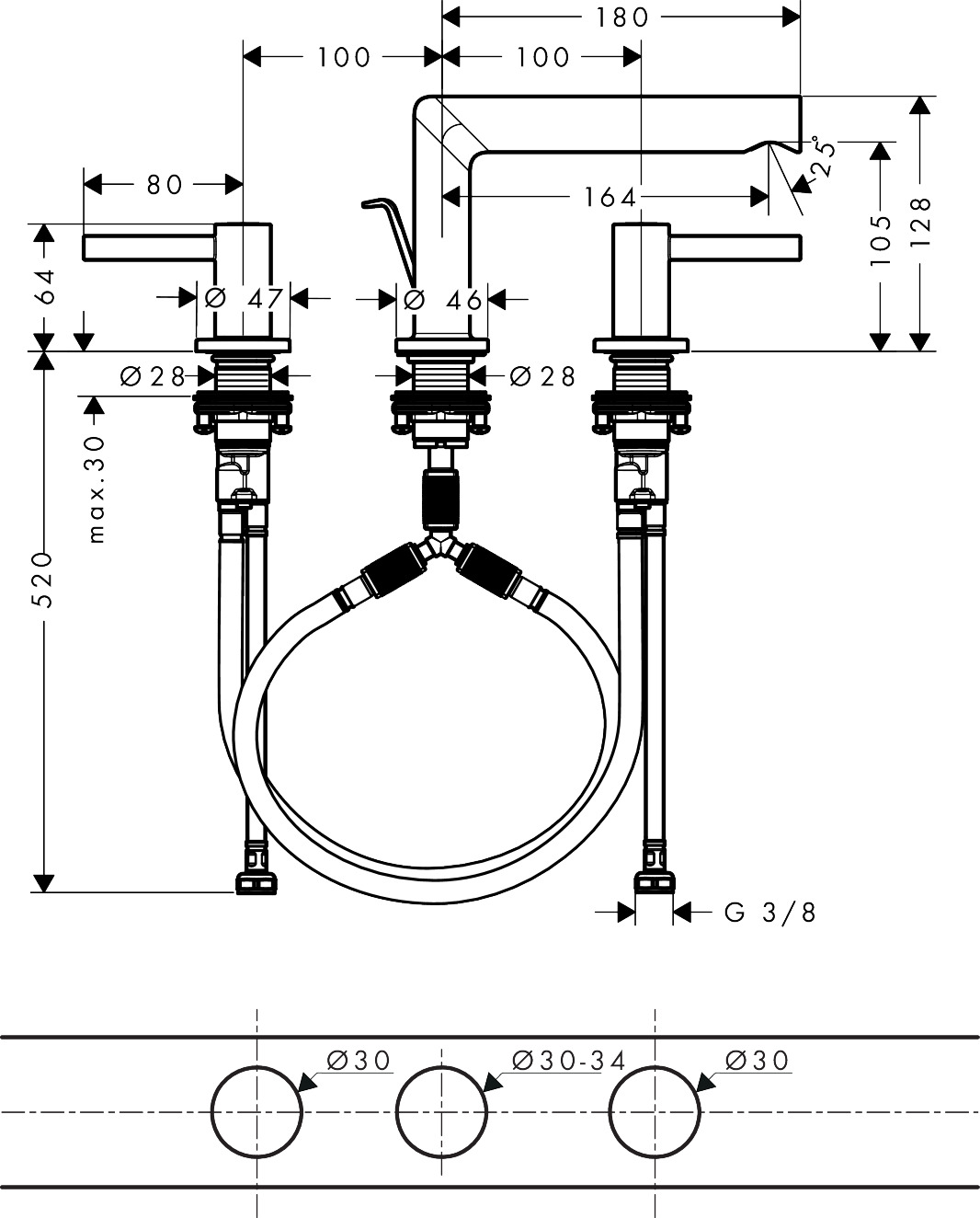 Hansgrohe 3-Loch Waschtischarmatur 100 Zesis S mit Zugstangen-Ablaufgarnitur chrom