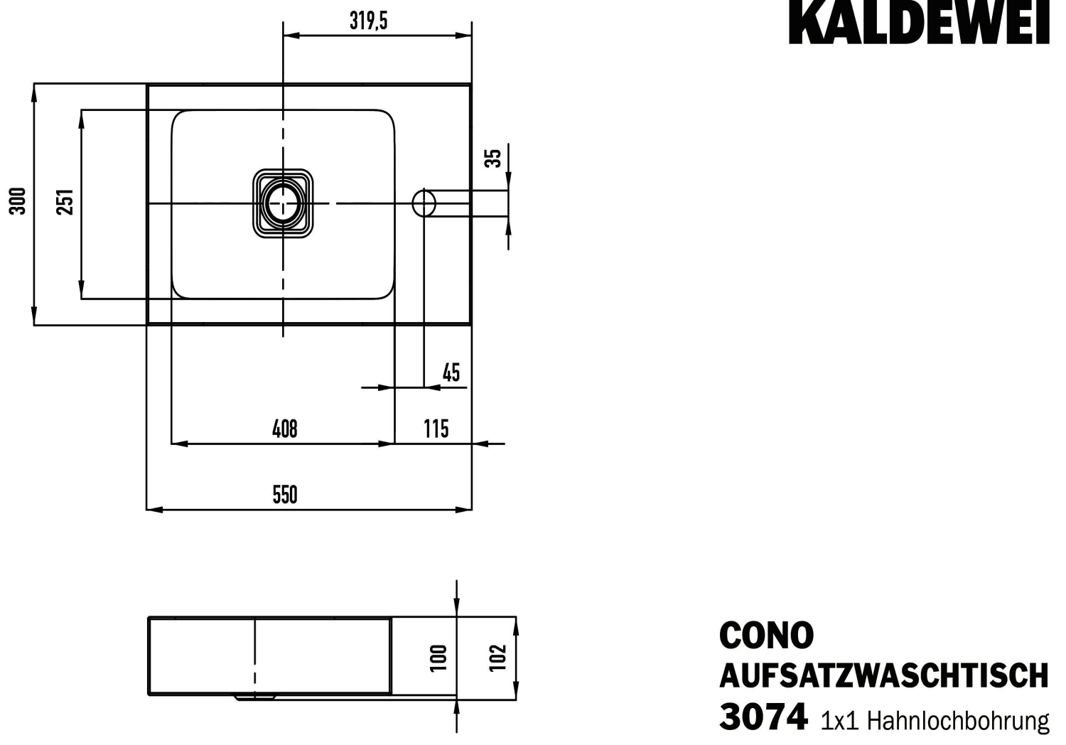 KA WB CONO AUFSATZ-HANDWASCHTISCH Mod. 3074,550x300mm,sm100,PEFF,AD,m. 1HL,oÜL