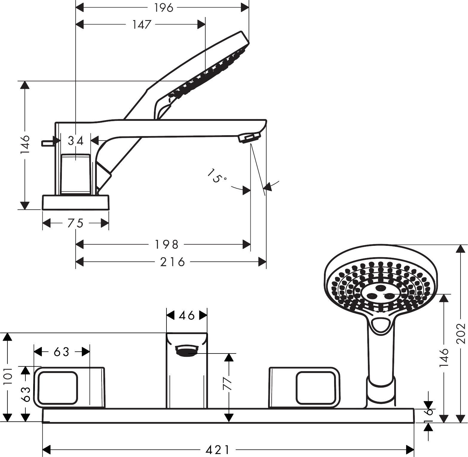 Hansgrohe 4-Loch Wannenarmatur Axor Urquiola F-Set f.Wannenrand chrom