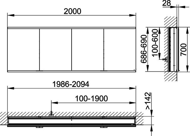 KEUCO Royal Modular 2.0 SPS, bel. 80041, Einb,4Steckd,sb-elox,2000x700x160mm