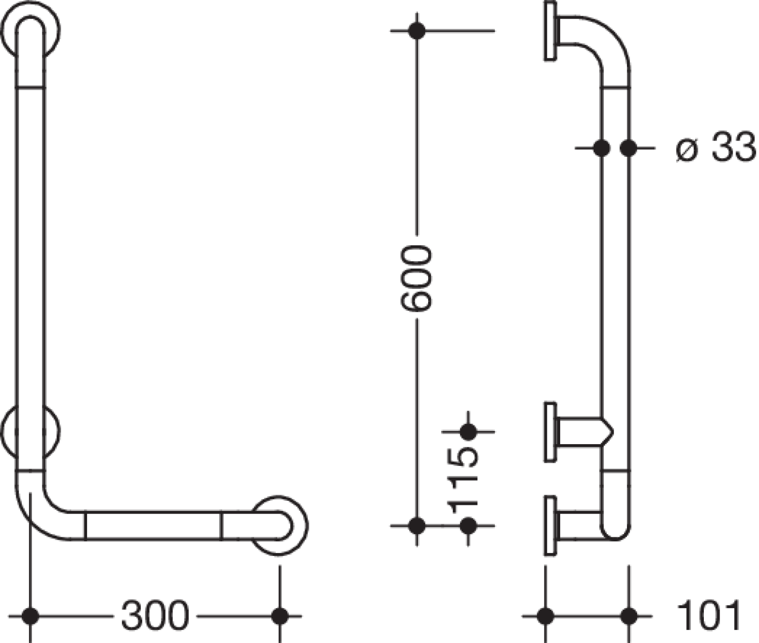 HEWI Winkelgriff Ser 801, AM:600 W:300, Stützlast 300 kg reinweiß