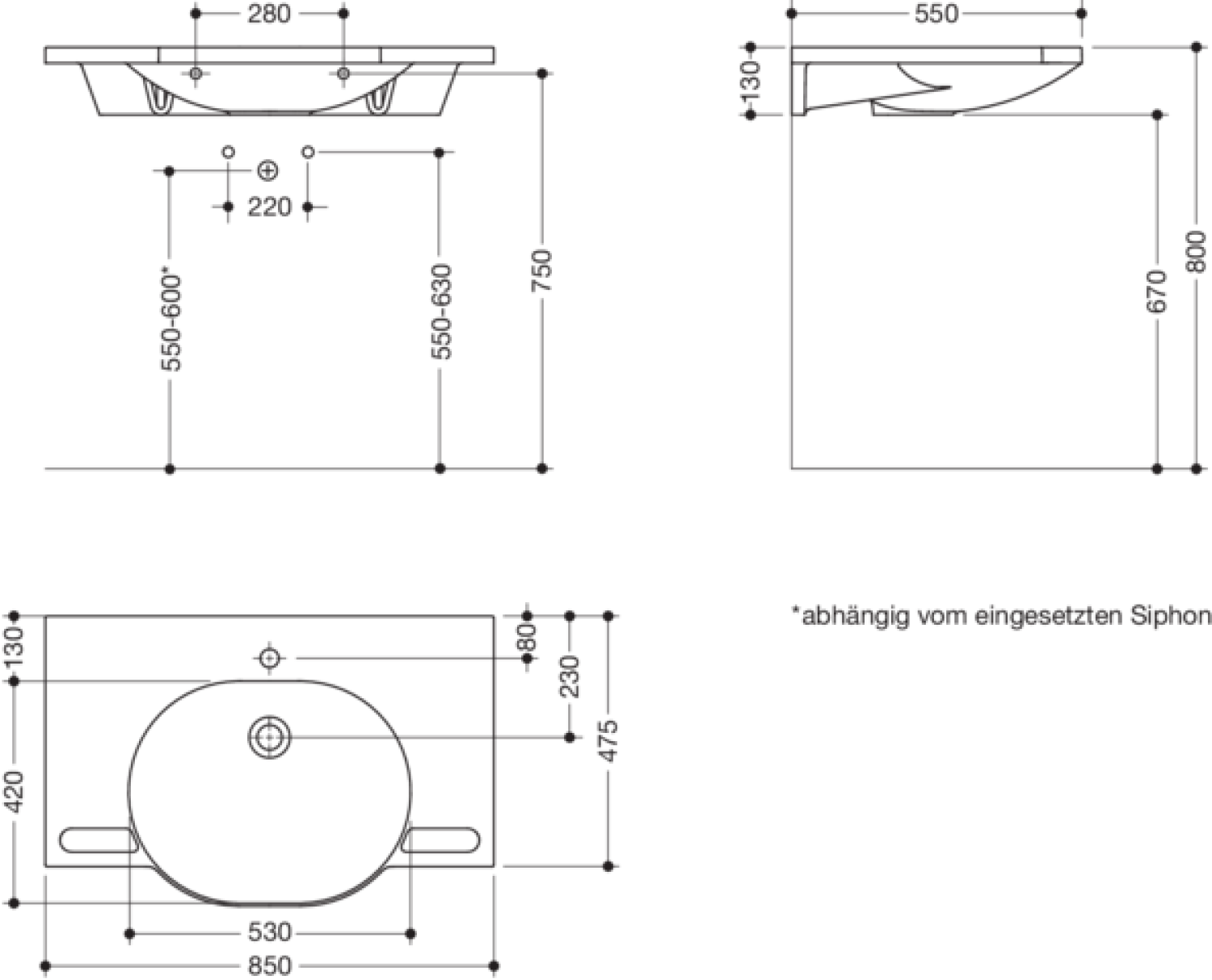 HEWI Waschtisch, B:850mm, T:550mm, alpinweiß, ohne Überlauf, 1 HL