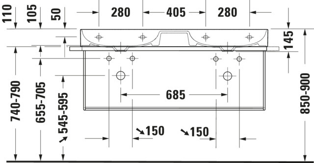 DU Doppel-WT,Möbel-DWT DuraSquare 1200mm o.ÜL, 1 HL je Becken, weiß
