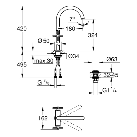 GROHE WT-Einlochbatterie Atrio 21149 XL-Size Kreuzgriff chrom