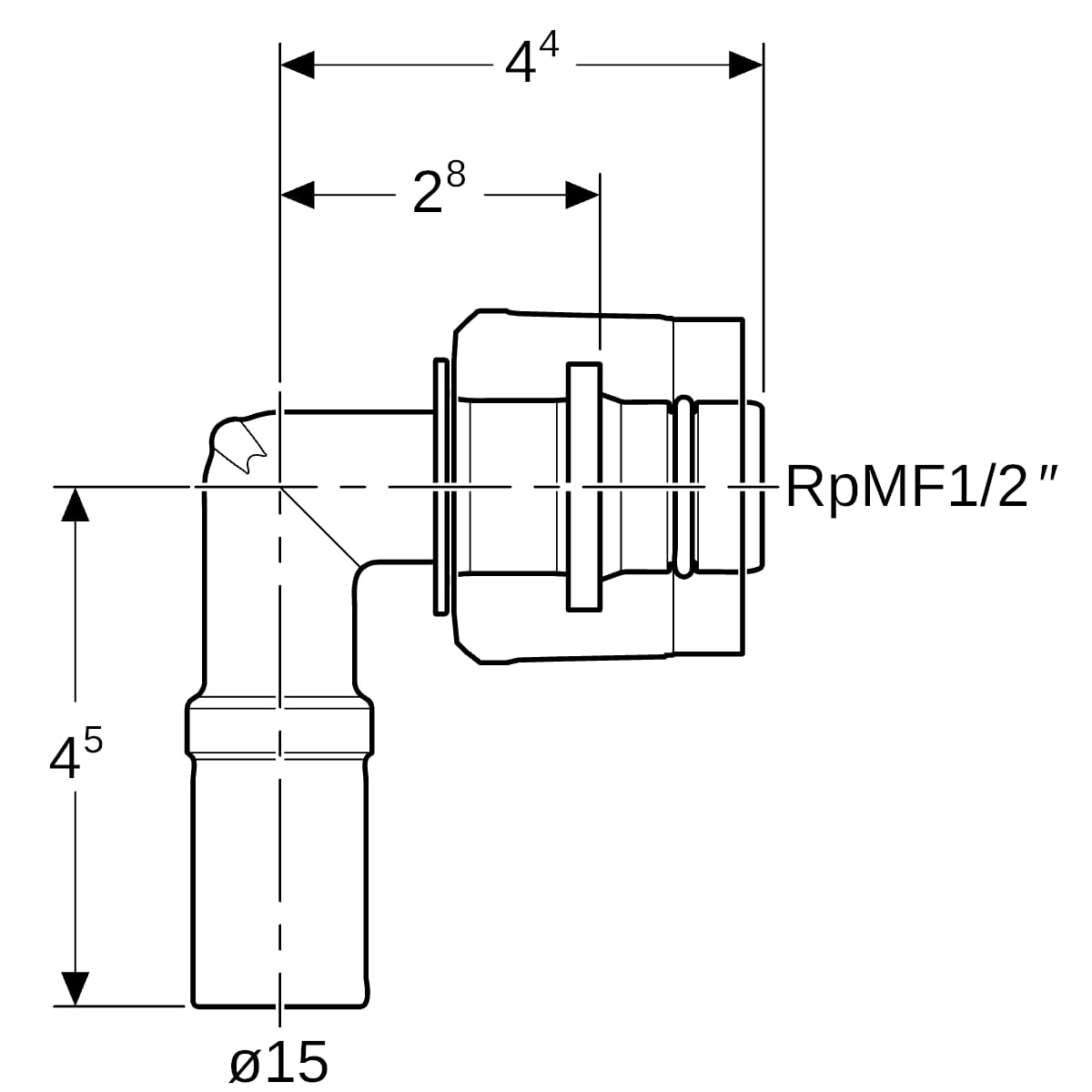 Geberit Mapress Übergangswinkel 90G mit MasterFix und Einschubende Rg d15-MF20