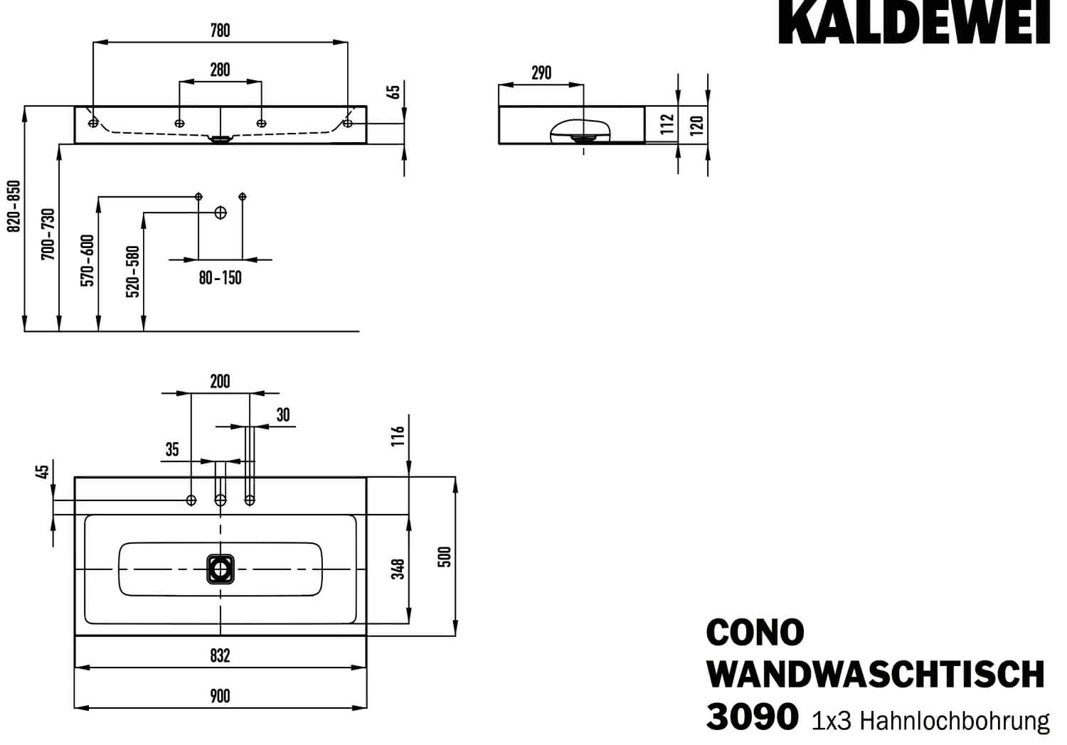 KA WB CONO WANDWASCHTISCH Mod.3090,900x 500mm,alpinweiß,PEFF,AD,m. 3HL,oÜL