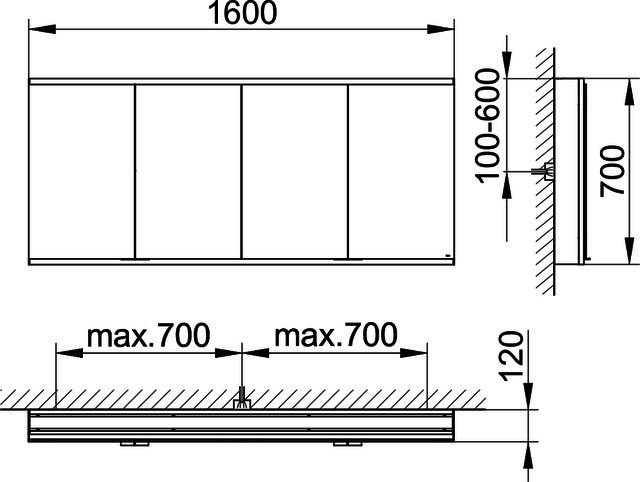 KEUCO Royal Modular 2.0 SPS, bel. 80041, Vorb,oSteckd,sb-elox,1600x700x120mm