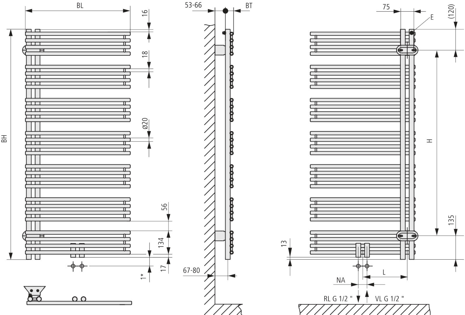 Kermi Diveo BH1700x46x600mm QN940, WEI, links Anschluss Mitte