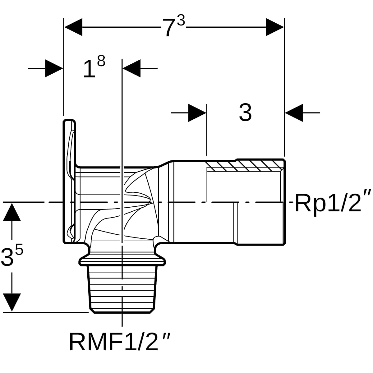 Geberit Anschlusswinkel 90Gr mit AG MF Rg R1/2-Rp1/2 L:73mm