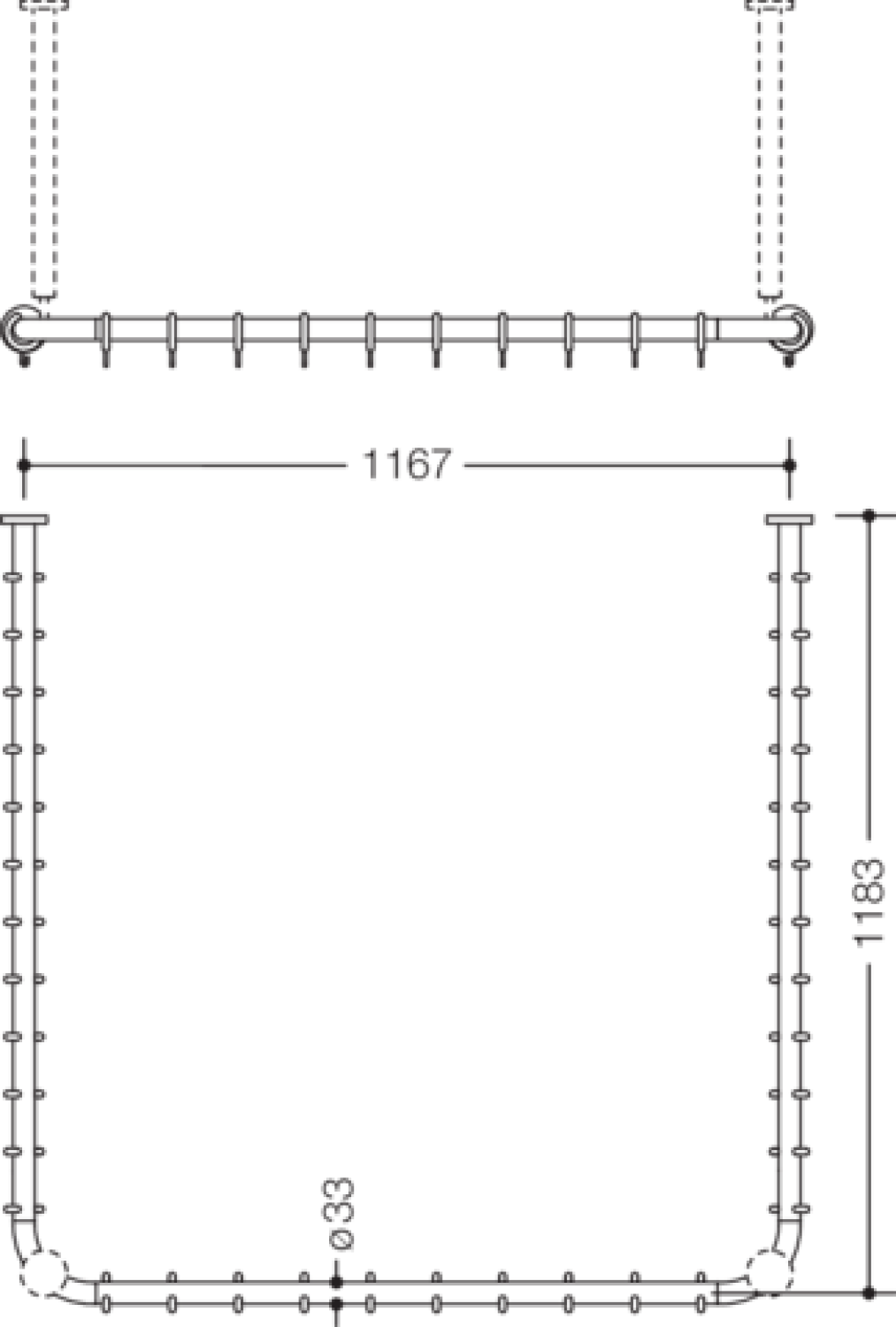 HEWI Vorhangstange Ser 801 kürzb., AM:1183x1167x1183mm stahlblau