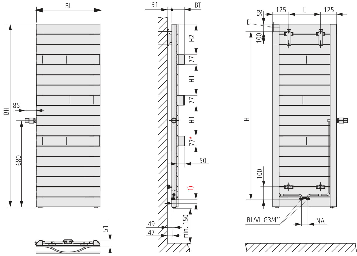Kermi TABEO -V 1437x101x500mm QN 767,RAL9016,Ventil links