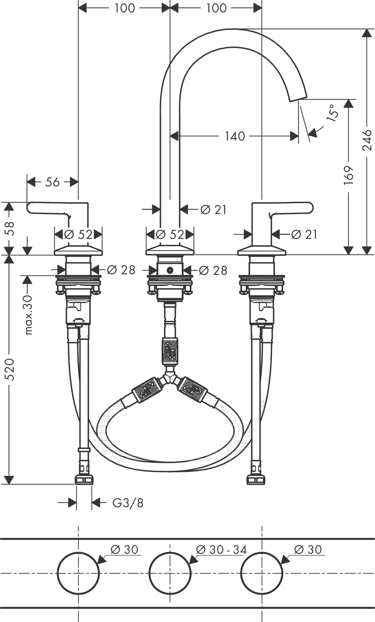 Hansgrohe 3-Loch Waschtischarmatur 170 Axor One mit Push-Open Ablaufgarnitur chrom
