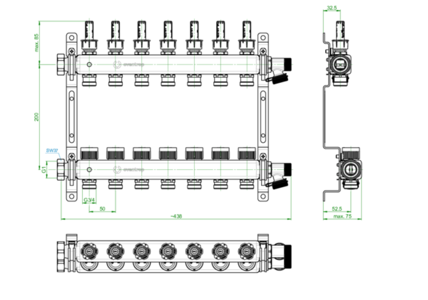 OVENTROP-Edelstahl-Verteiler 1" Multidis SF für 7 Kreise, 0-5 l/min