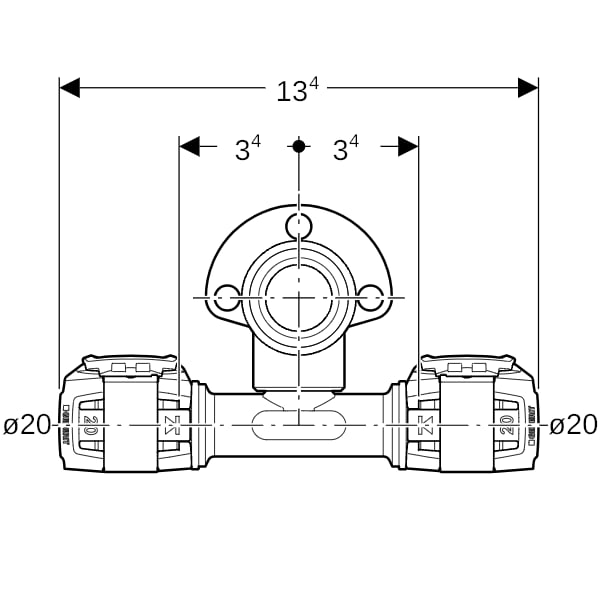 Geberit FlowFit T-Anschlusswinkel 90Gr abgesetzt Rg+ d20-Rp1/2-d20 L:52mm