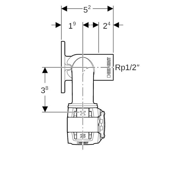 Geberit FlowFit Doppelanschlusswinkel 90Gr Rg+ d16-Rp1/2-d16 L:52mm