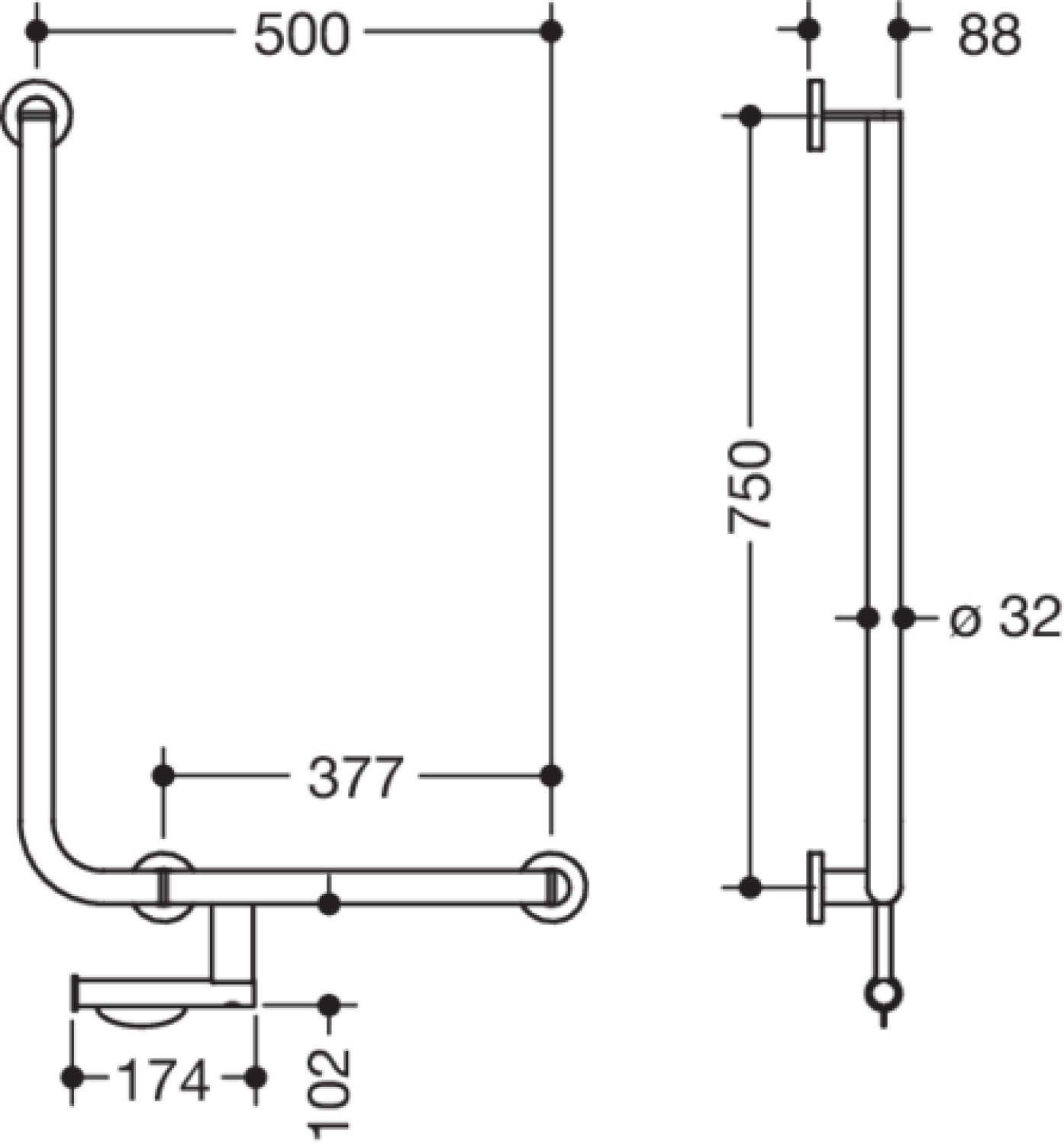 HEWI Winkelgriff, d:32/32, PRH, A1:750, W1:500, re, plvb dgrau tiefmatt