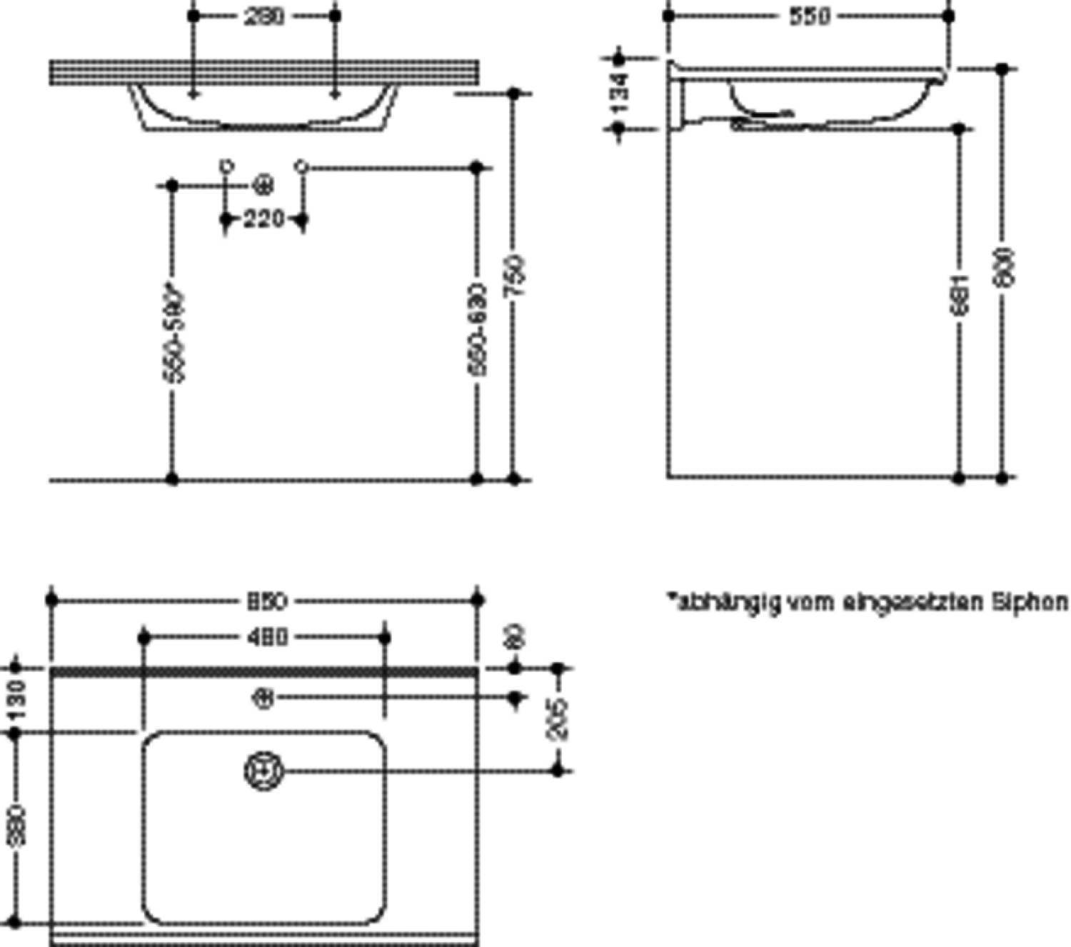 HEWI Waschtisch S-Form, modular ohne Überlauf, 850x550mm, 1 HL