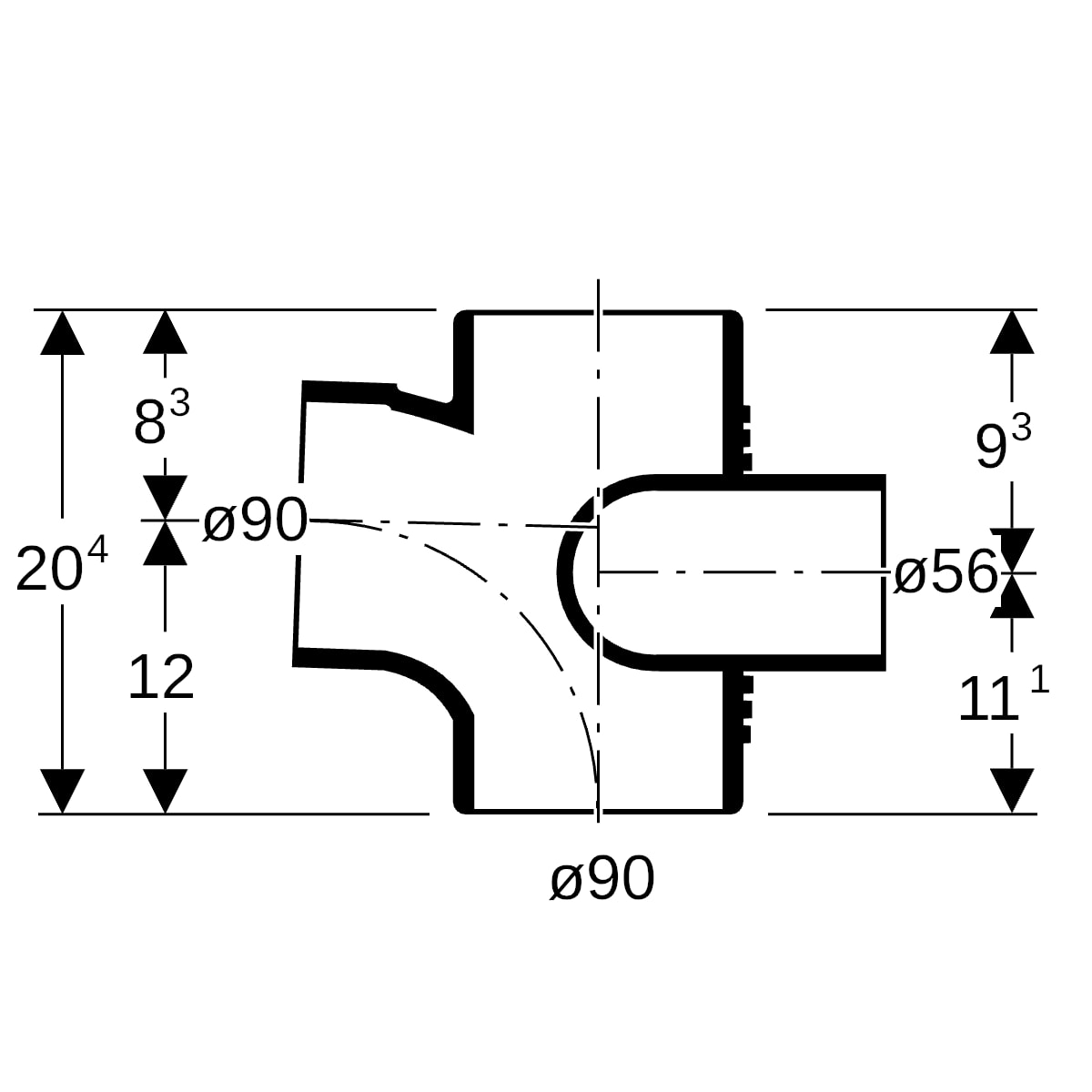 Geberit Silent-db20 Schachtbogenabzweig 88,5Gr links d90/90/56