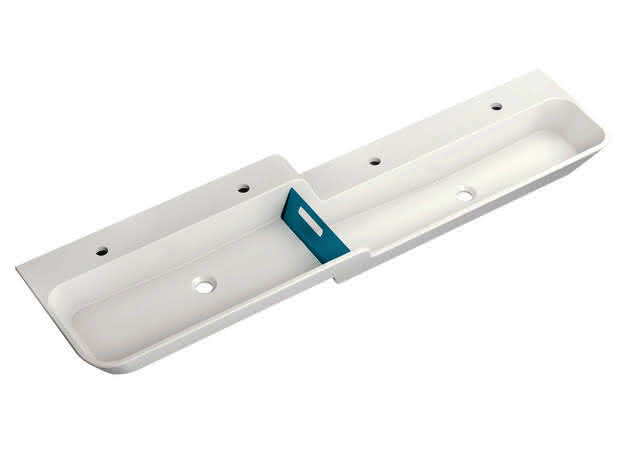 HEWI Waschtisch 1800mm, oberes Becken li 4HL, alpinweiß, Stauscheibe blau